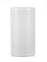 White plastic jar for medicines or vitamins, without an inscription. Isolated on a white background.