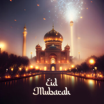 Eid Mubarak eidul fitr arab hari raya islamic muslim festive celebration fireworks sparks beautiful night light blue sky happy occasions image text ad