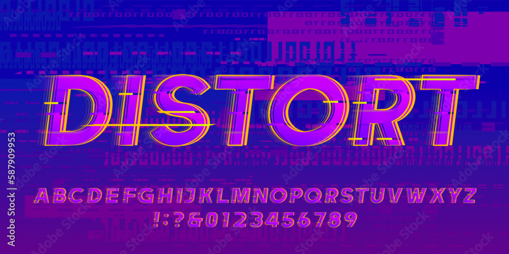 Poster distort alphabet font. distorted letters and numbers on a glitched background. vector typeface for y