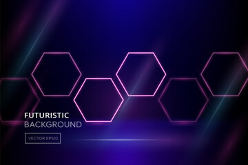 Futuristic pink purple glowing neon light hexagon shape frames in dark blue gradient background