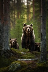 Female eurasian brown bear and her cubs in boreal forest. Generative AI