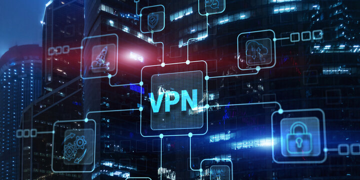 VPN Virtual Private network protocol. Business, Technology, Internet. Cyber security and privacy connection on city background