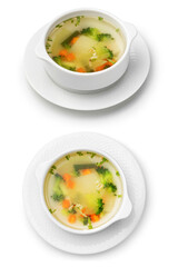 Vegetable soup in white cup on white