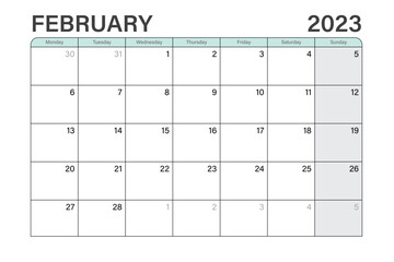 2023 February illustration vector desk calendar or planner weeks start on Monday in light green and gray theme