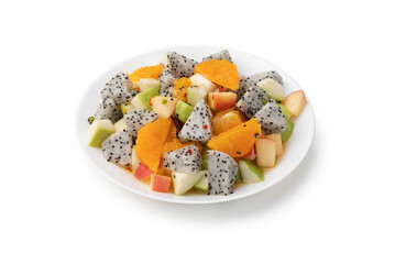 Fruit salad in plate on white