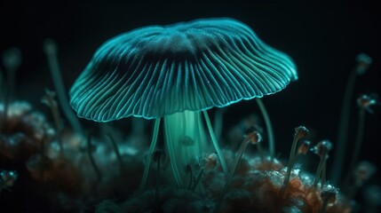 Fototapeta na wymiar a close up of a blue mushroom on a black background with other mushrooms in the foreground and a black background with green stems in the foreground. generative ai