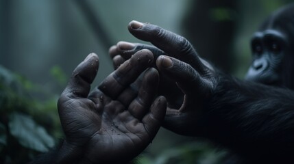  a chimpanzee in the jungle with its hands outstretched, surrounded by lush green leaves The background is slightly blurred, giving the photo a dreamy, ethereal fee