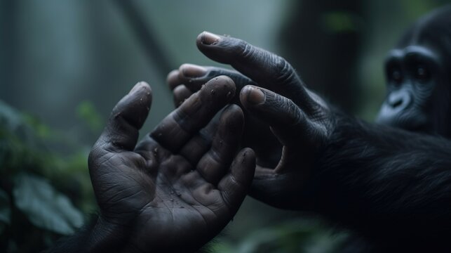  a close up of a person's hands with a monkey in the background holding something in the air with their hands and a gorilla in the foreground.  generative ai