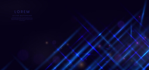 Abstract technology futuristic glowing blue light diagonal lines with effect on dark blue background.