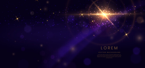 Abstract elegant dark blue background with circle golden line and lighting effect sparkle, bokeh. Luxury template design.