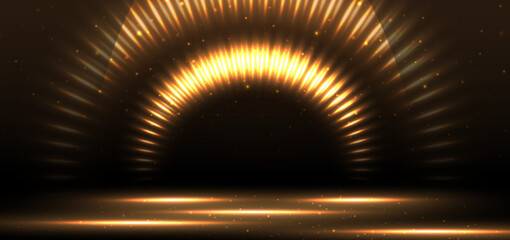Elegant golden scene glowing with lighting effect sparkle on black background. Template premium award design.
