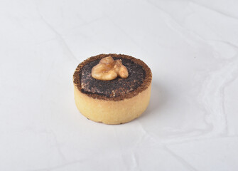 mini bake cute crisp creamtart with colourful flavour like chocolate coffee walnut, golden blueberry, strawberry osmanthus, mango vanilla in crystal plastic box on white marble pastry halal party menu