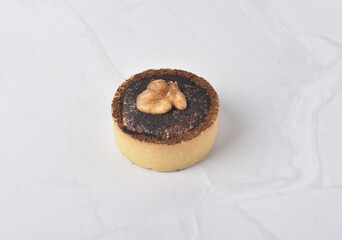 mini bake cute crisp creamtart with colourful flavour like chocolate coffee walnut, golden blueberry, strawberry osmanthus, mango vanilla in crystal plastic box on white marble pastry halal party menu