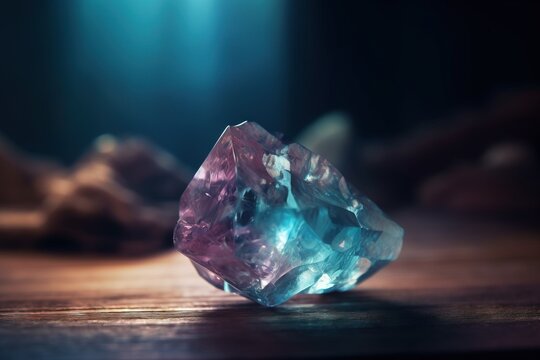  A Pink And Blue Diamond Sitting On Top Of A Wooden Table Next To A Light Shining Down On The Ground And A Person In The Background.  Generative Ai