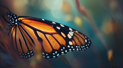 Fototapeta na wymiar a monarch butterfly resting on a plant in a field of grass and flowers in the background is a blurry image of the butterfly's wing. generative ai