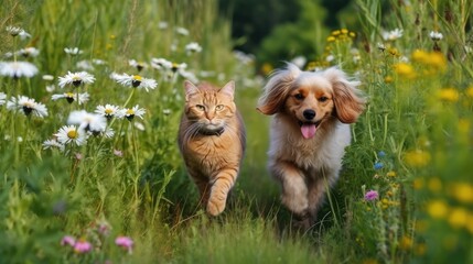 Couple of friends a cat and a dog running. Generative AI