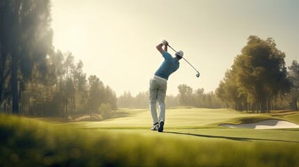 Male Golfer Taking a Shot on Professional Golf Course. Generative AI. - obrazy, fototapety, plakaty