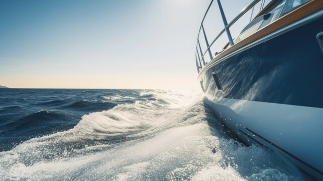 Yacht Speeding on Open Ocean on Sunny Day. Generative AI.