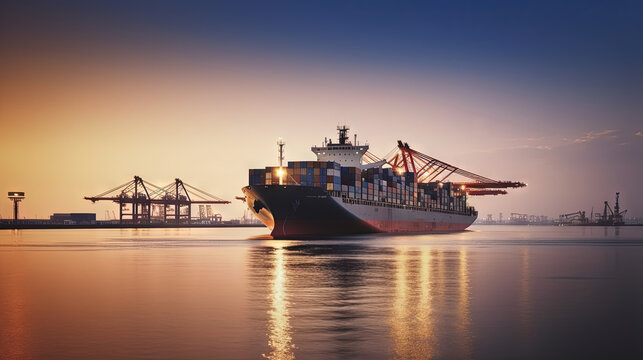 Morning Loading of Container Ships in Harbor. Generative AI.