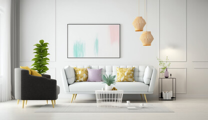 The bright and cozy modern living room interior has a sofa, lamp, white walls, and 3D rendering. interior living room with a colorful white sofa.