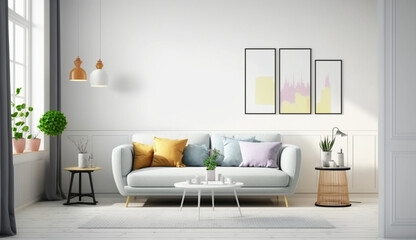 The bright and cozy modern living room interior has a sofa, lamp, white walls, and 3D rendering. interior living room with a colorful white sofa.