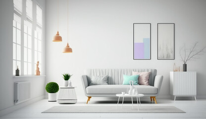 The bright and cozy modern living room interior has a sofa, lamp, white walls, and 3D rendering. interior living room with a colorful white sofa.