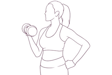 Fitness woman holding dumbbell hand drawn vector illustration