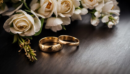 Two golden wedding rings / wedding / marriage / lying on a neutral background with flowers as decoration