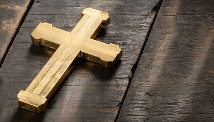 A golden cross lies on a wooden table. Ideal as a banner, wallpaper or header. Space for text. Copy Space, Blank Text.