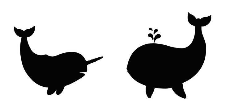 Black silhouette of narwhal and whale. Drawing with funny animals. Template for children to cut out.