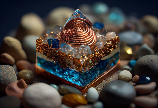 Copper spiral and clear quartz on top of blue chip stones inside Orgone pyramid surrounded by mixed tumbled healing stones transparent png file. Generative AI