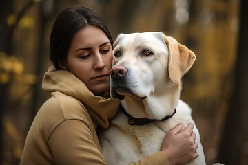 A loyal and affectionate Labrador Retriever cuddled up with its owner, showing off its loyal and affectionate nature. Generative AI