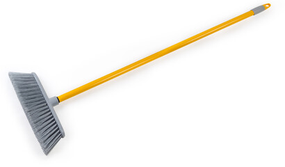 Plastic sweeping broom with long metal handle on white background