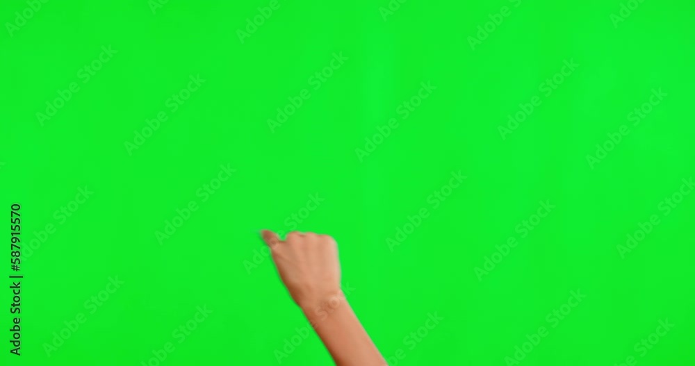 Canvas Prints Hand, green screen and touchscreen technology with a woman in studio on a chromakey background. Mockup, zoom and scrolling with a person using an interface to access the internet for connectivity