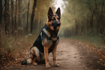 Naklejka na ściany i meble A loyal and protective German Shepherd standing guard, showing off its loyal and protective nature. Generative AI