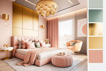 Modern Bedroom Mood Board With Color Palette Interior Collage Design Idea.