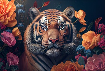 Beautiful tiger and flowers illustration. Generative AI