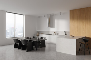 White and wooden kitchen corner with bar and table