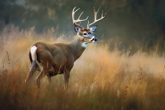 A majestic and elegant White - tailed Deer grazing in a meadow, showing off its majestic and elegant nature. Generative AI