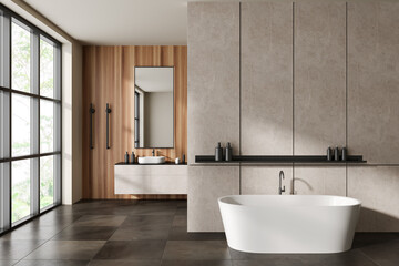 Fototapeta na wymiar Modern bathroom interior with sink and tub, empty concrete wall