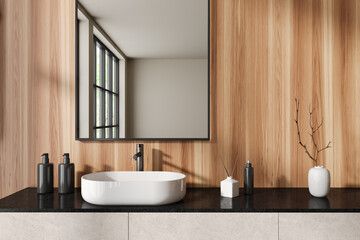 Naklejka na ściany i meble White and wooden bathroom with sink