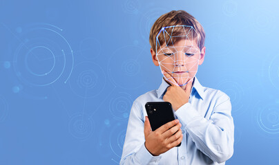 Child working with smartphone, pensive portrait and facial scanner