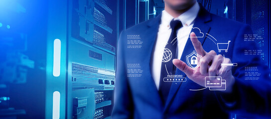 Business man using computer hand close up futuristic cyber security payment online finance AI chatbot coding background business data analytics programming network metaverse digital world technology