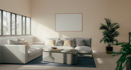 The light from the outside hit theframe on wall of the room and the sofa located inside. give a warm atmosphere.3d rendering.