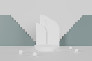 3d rendering  A white cylindrical podium is decorated with a geometric wall in the form of a showcase platform on a color background.