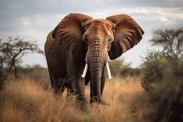 Naklejka na ściany i meble A majestic and powerful African Elephant grazing on the savannah, showing off its majestic and powerful nature. Generative AI