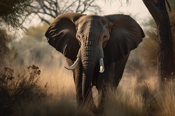 A majestic and powerful African Elephant grazing on the savannah, showing off its majestic and powerful nature. Generative AI