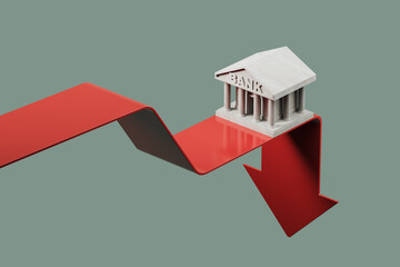 Obraz premium Falling red arrow and cartoon bank, financial crisis and collapse