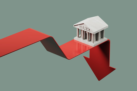 Falling red arrow and cartoon bank, financial crisis and collapse