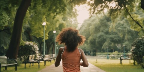 Woman running in park feeling strong and empowered as she pushes herself to reach her fitness goals, concept of Fitness journey, created with Generative AI technology